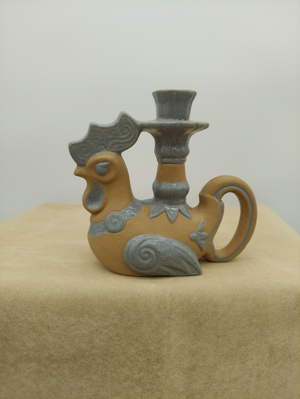 Ceramic Rooster Taper Candle Holder Folk Art Stoneware Tan & Blue